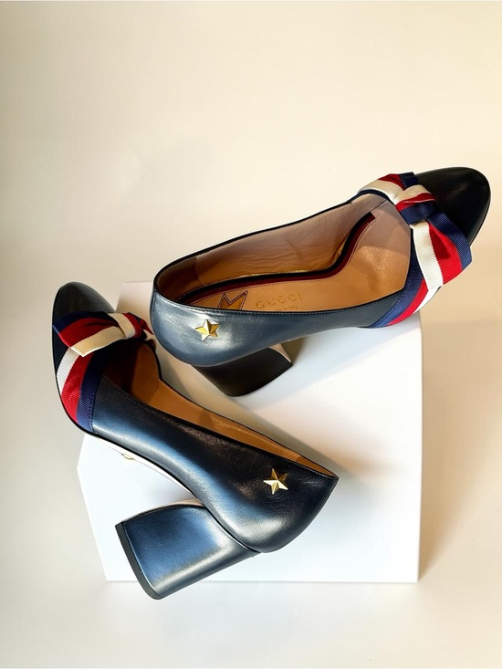 Gucci Shoes - Gucci Oxford Blue Leather Web Bow Aline pump
